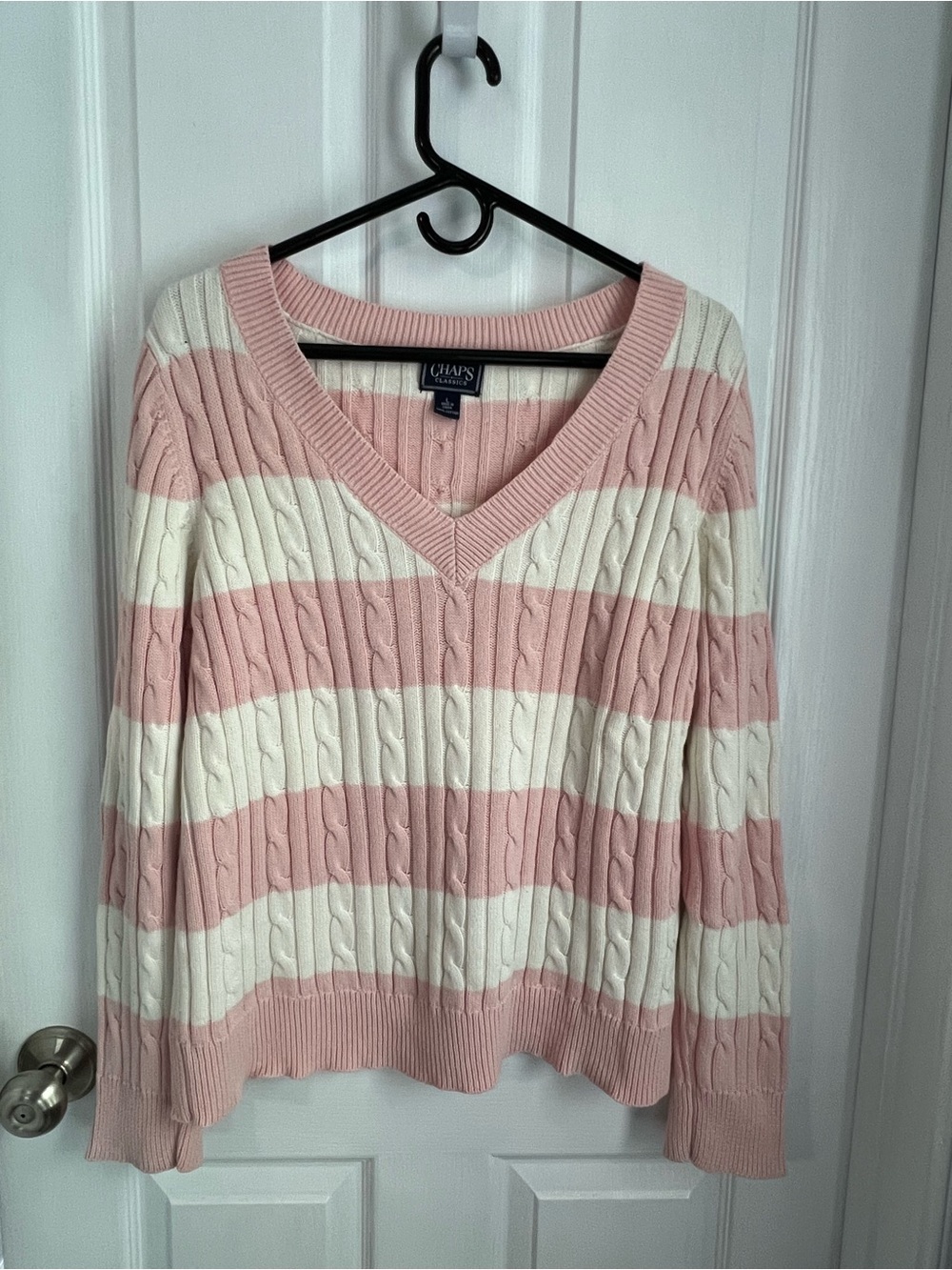 Chaps Pink & Cream Striped Cable V-Neck Sweater - Picture 1 of 3